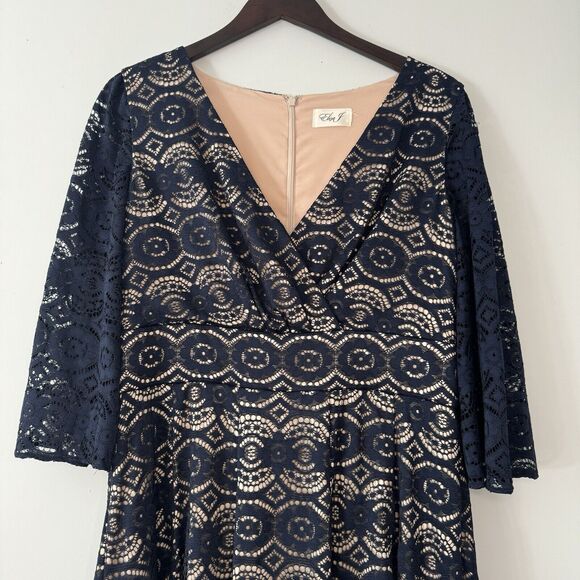 Eliza J Lace 3/4 Sleeve Fit & Flare Dress Navy/Tan Size 14-16 READ - Picture 3 of 11